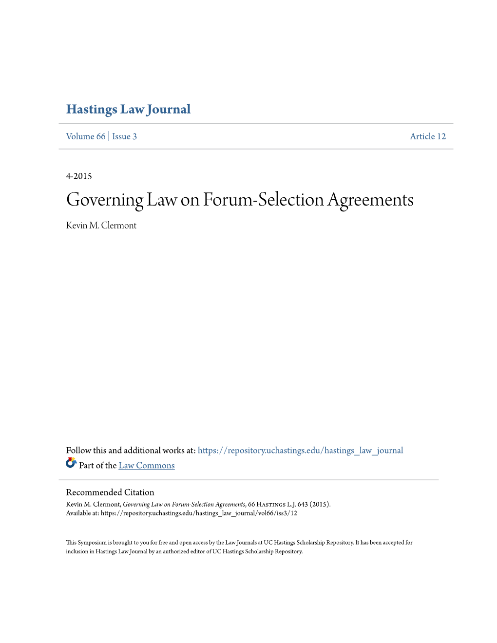 Governing Law on Forum-Selection Agreements Kevin M