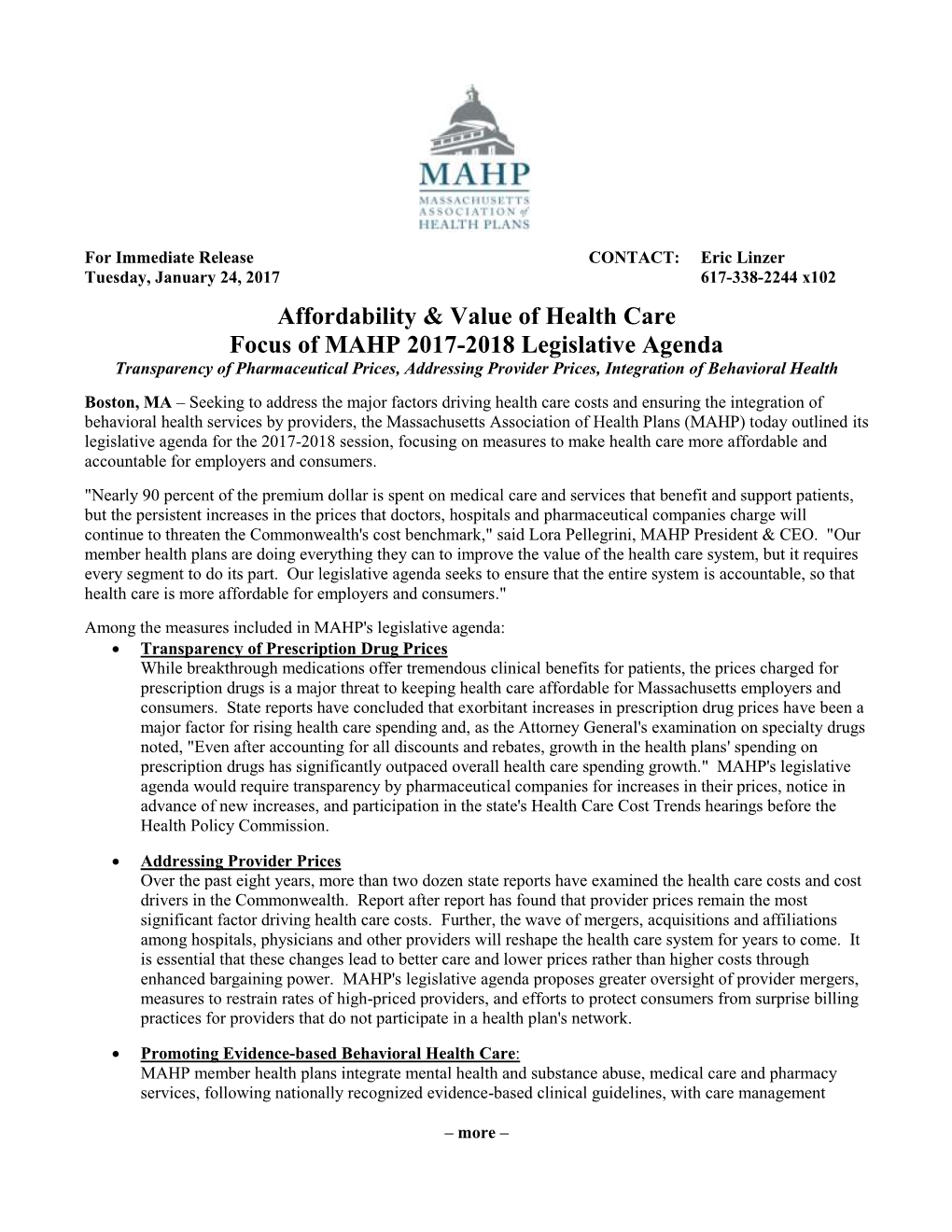 Affordability & Value of Health Care Focus of MAHP 2017-2018