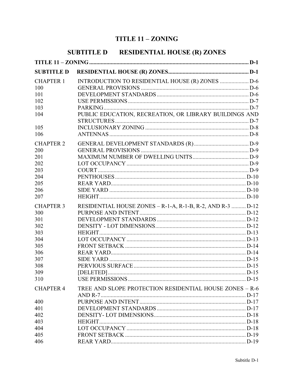 Title 11 – Zoning Subtitle D Residential