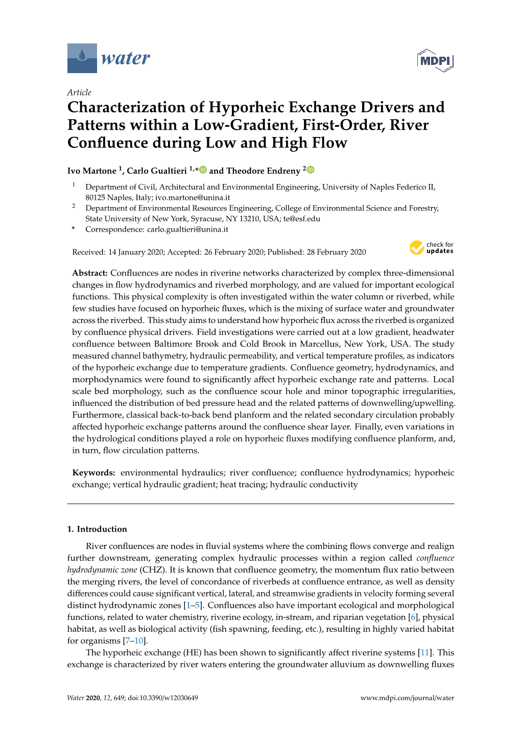 Characterization of Hyporheic Exchange Drivers and Patterns Within a Low-Gradient, First-Order, River Conﬂuence During Low and High Flow
