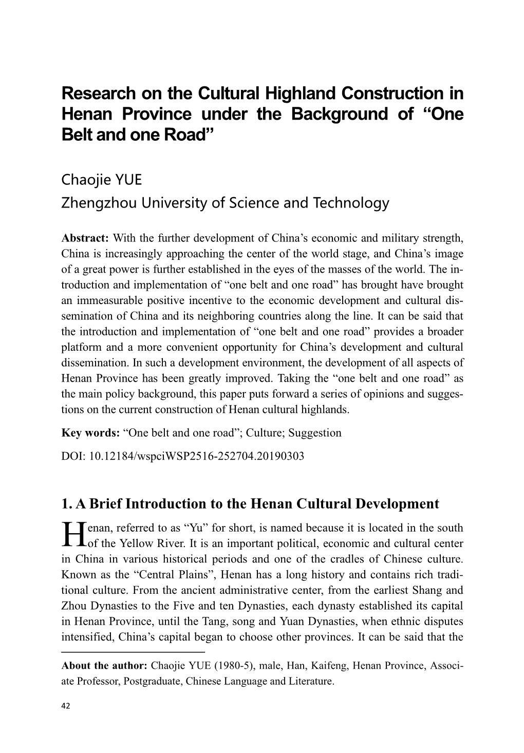 Research on the Cultural Highland Construction in Henan Province Under the Background of “One Belt and One Road”