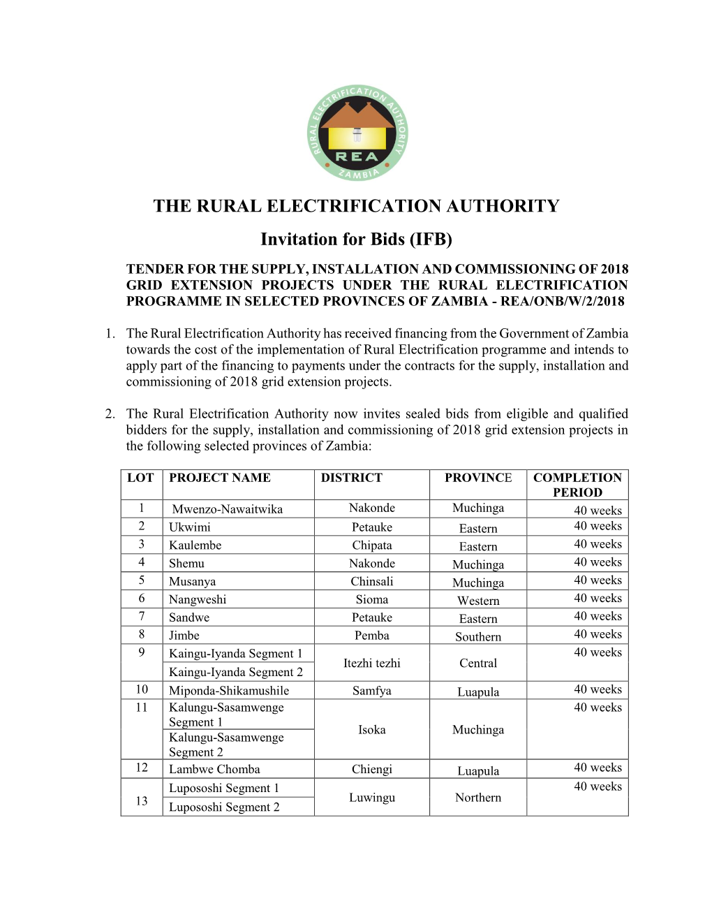 THE RURAL ELECTRIFICATION AUTHORITY Invitation for Bids (IFB)