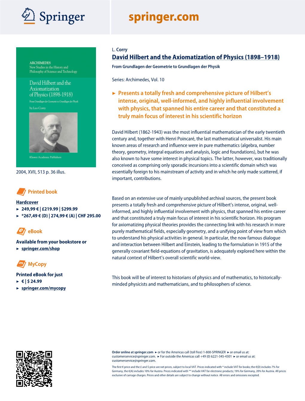 David Hilbert and the Axiomatization of Physics (1898–1918) from Grundlagen Der Geometrie to Grundlagen Der Physik