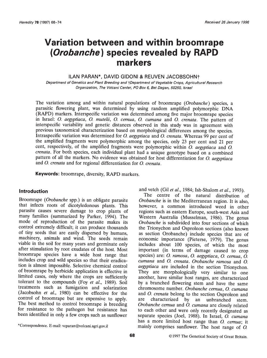 Variation Between and Within Broomrape (Orobanche) Species Revealed by RAPD Markers