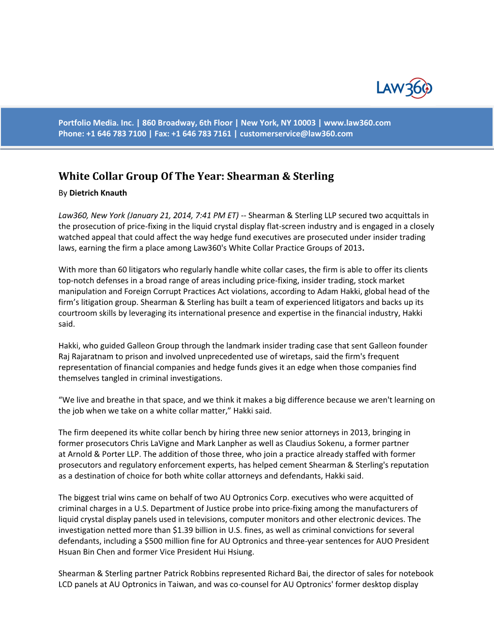 Shearman & Sterling's White Collar Group Named a Law360 Practice