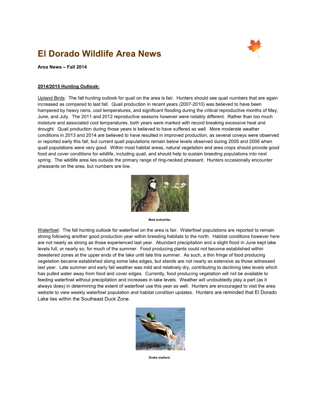 El Dorado Wildlife Area Newsletter 11-20-2014