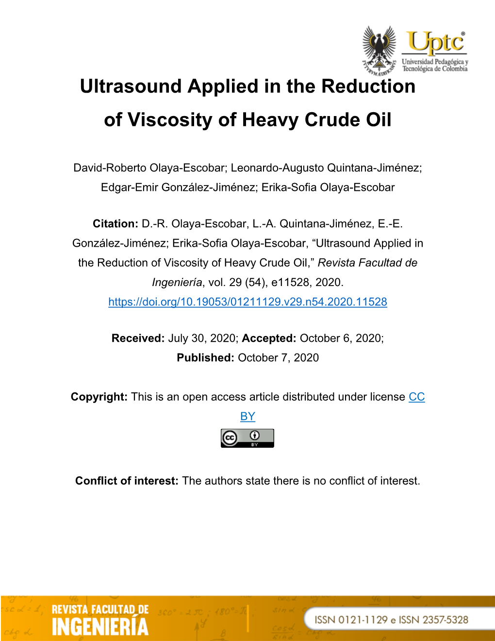 Ultrasound Applied in the Reduction of Viscosity of Heavy Crude Oil,” Revista Facultad De Ingeniería, Vol