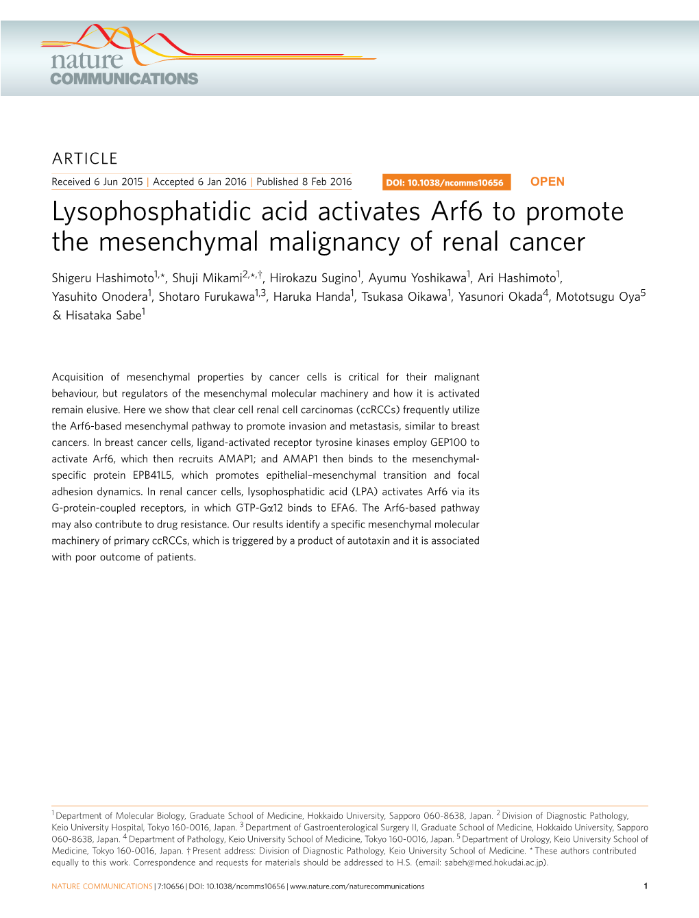 Lysophosphatidic Acid Activates Arf6 to Promote the Mesenchymal Malignancy of Renal Cancer