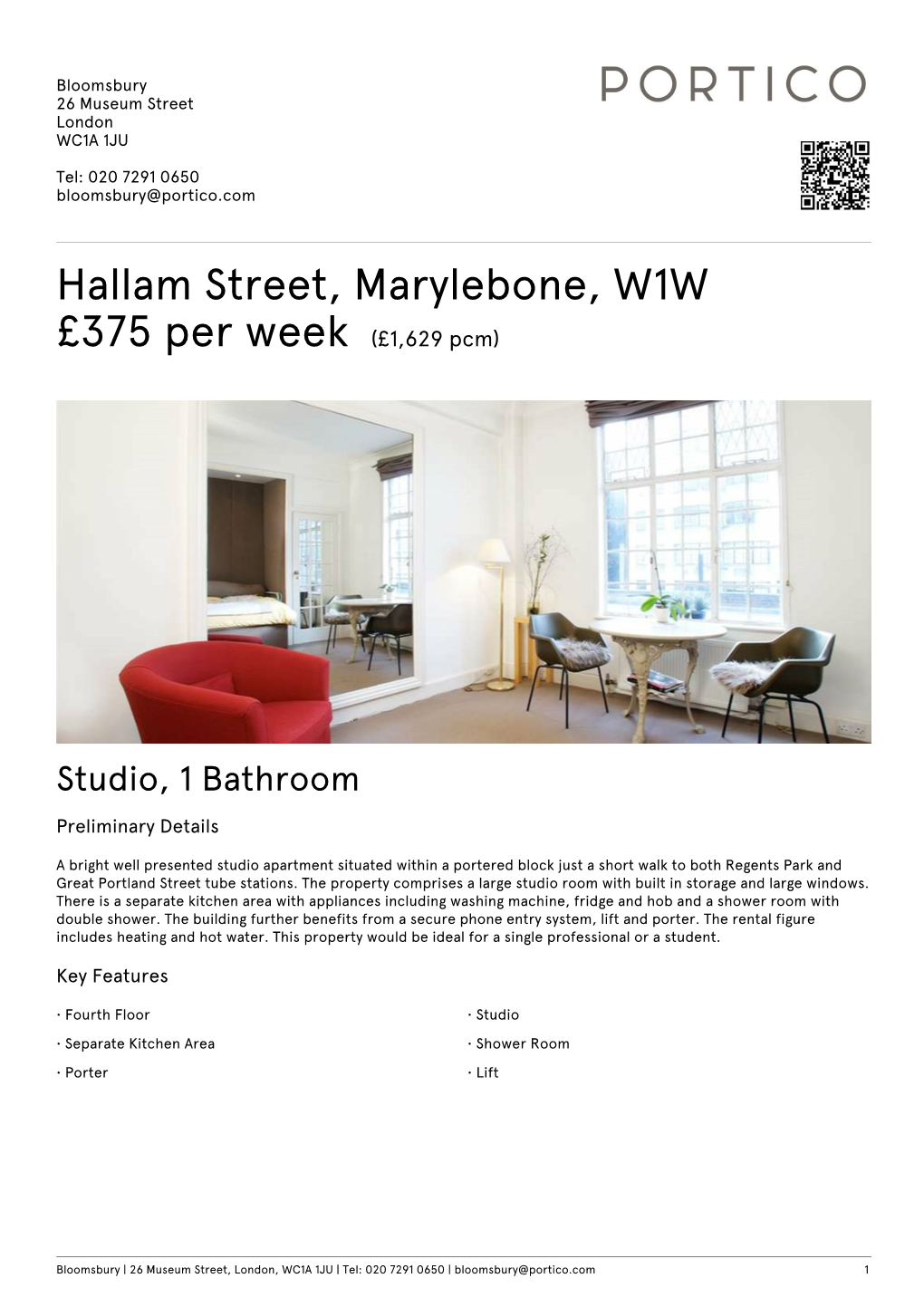 Hallam Street, Marylebone, W1W £375 Per Week