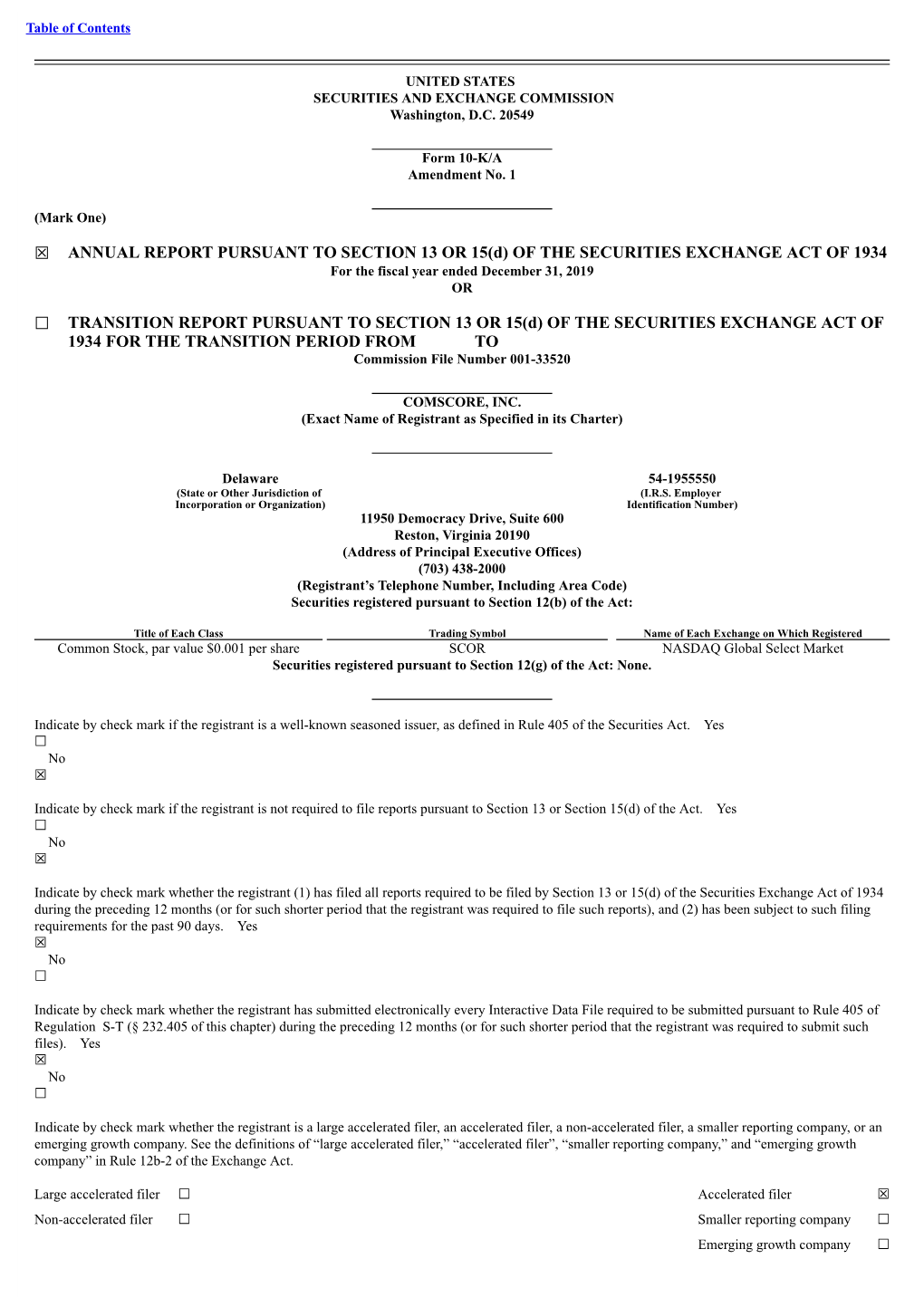 OF the SECURITIES EXCHANGE ACT of 1934 for the Fiscal Year Ended December 31, 2019 OR