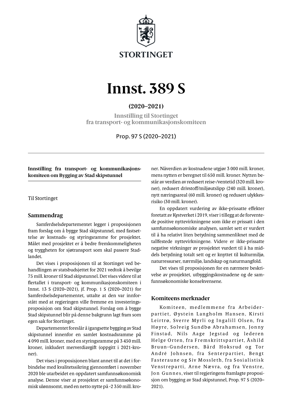 Innst. 389 S (2020–2021) Innstilling Til Stortinget Fra Transport- Og Kommunikasjonskomiteen