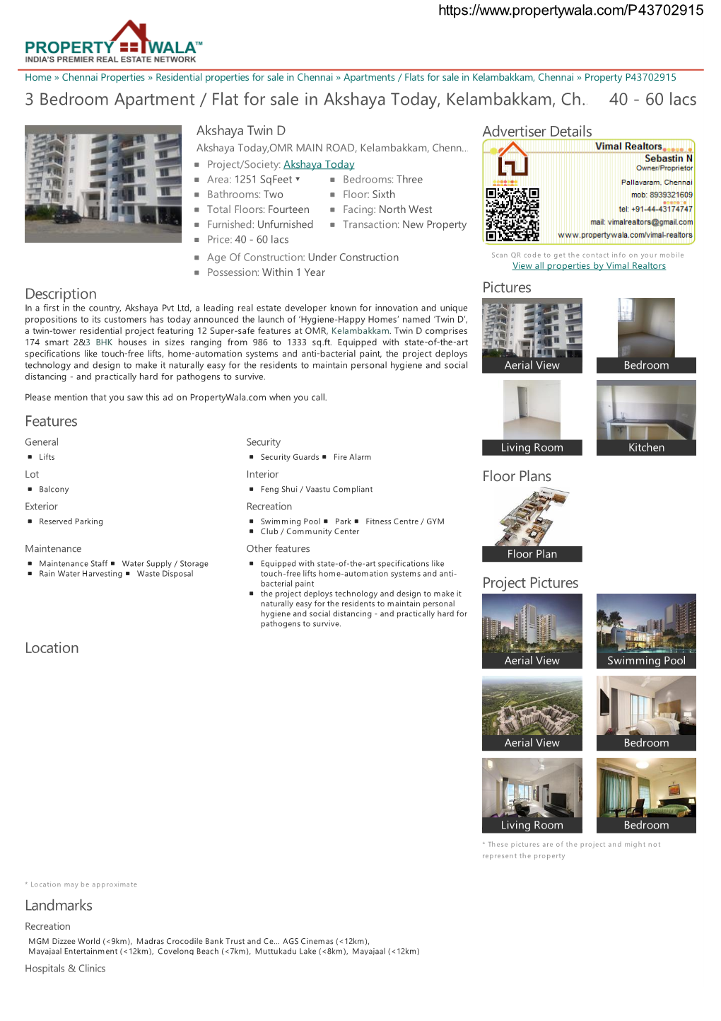 3 Bedroom Apartment / Flat for Sale in Akshaya Today, Kelambakkam
