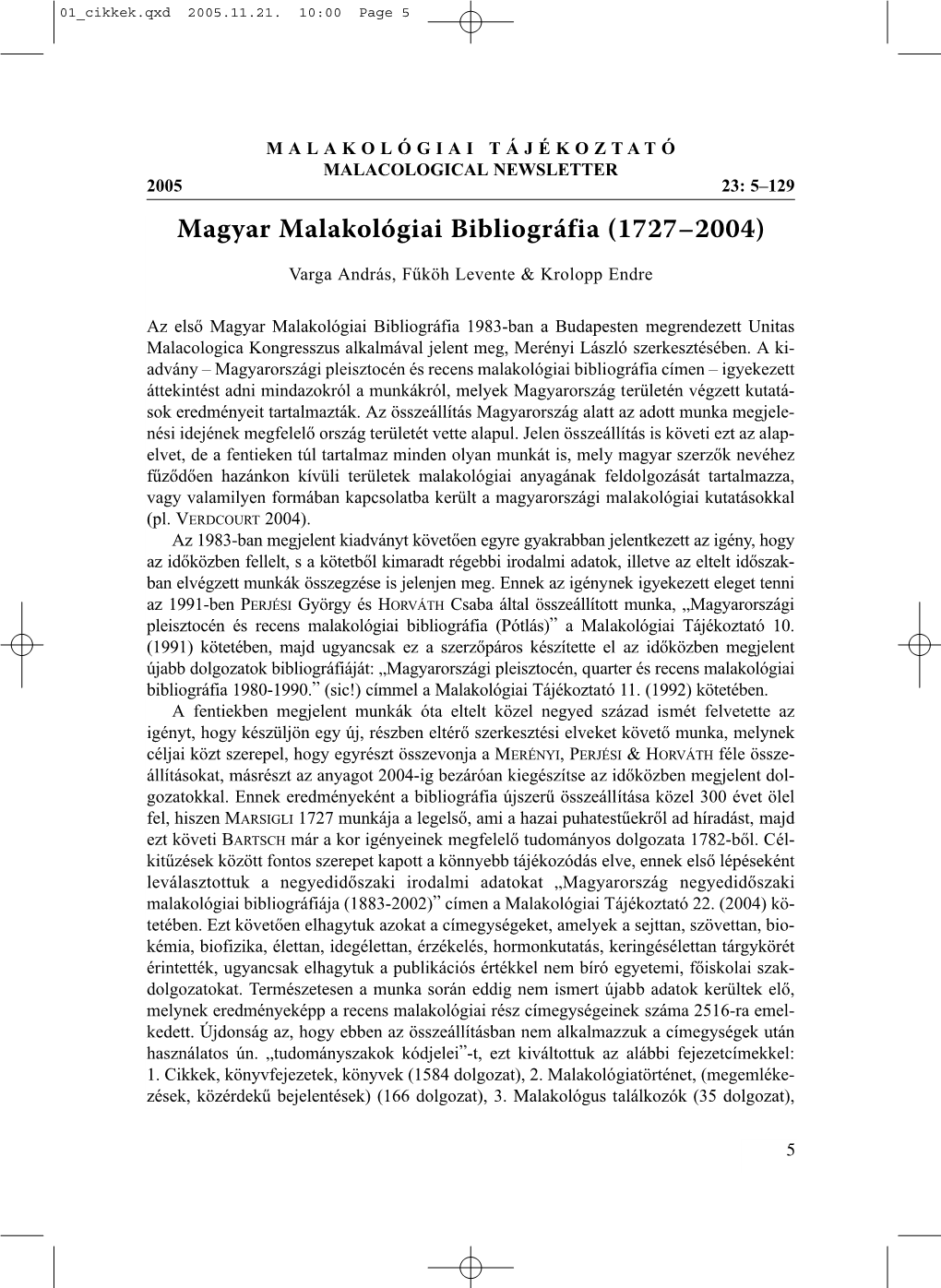 Magyar Malakológiai Bibliográfia (1727–2004)