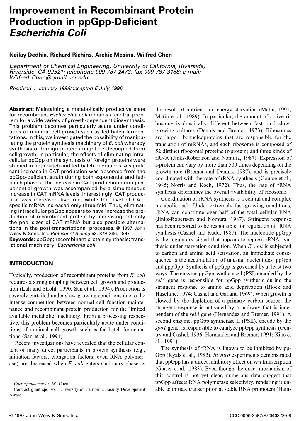 Improvement in Recombinant Protein Production in Ppgpp-Deficient Escherichia Coli