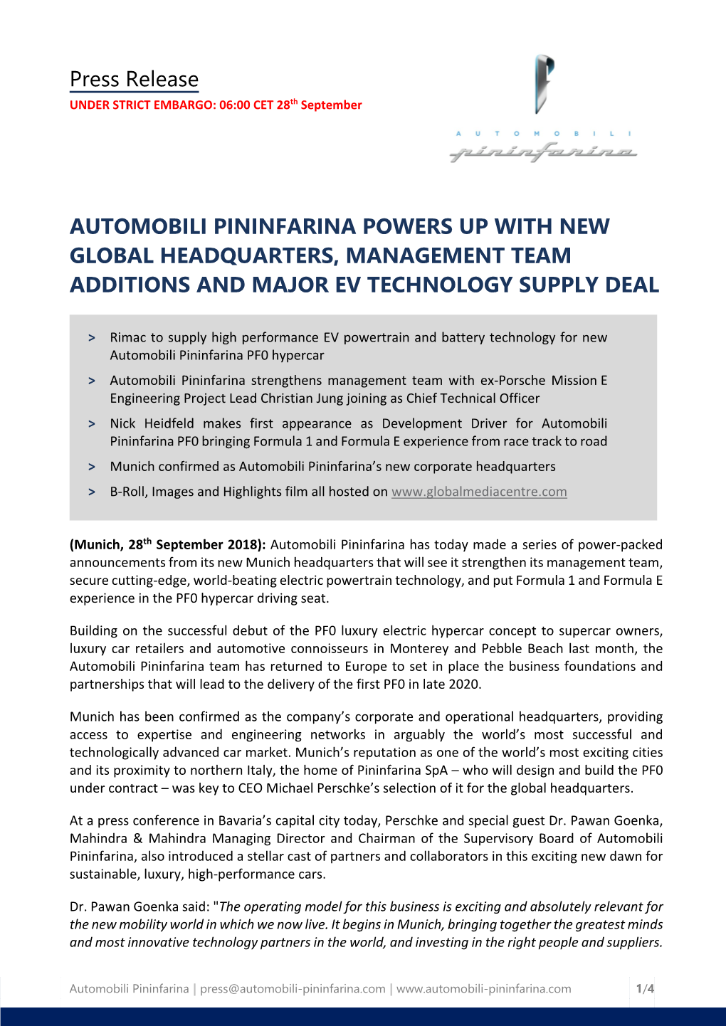 Press Release AUTOMOBILI PININFARINA POWERS up WITH