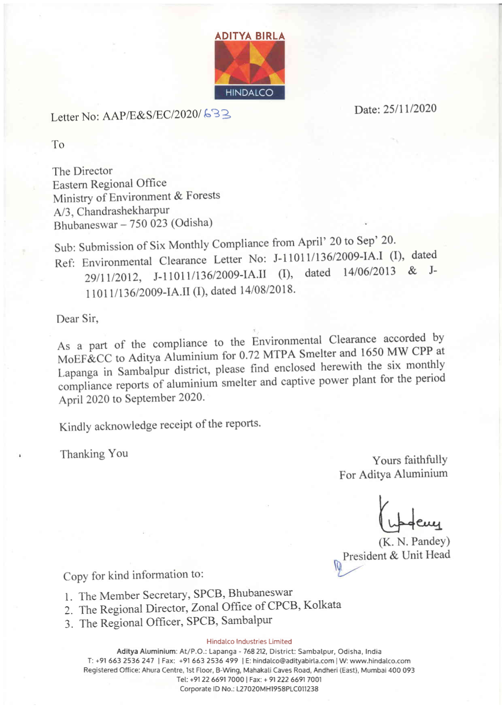 Six Monthly Compliance (I), Dated Ref: Environmental Clearance Letter No: J-L1011113612009-14.I & J- 2Gliil20i2, J-1101 I]13612009-14.II (I), Dated 1410612013