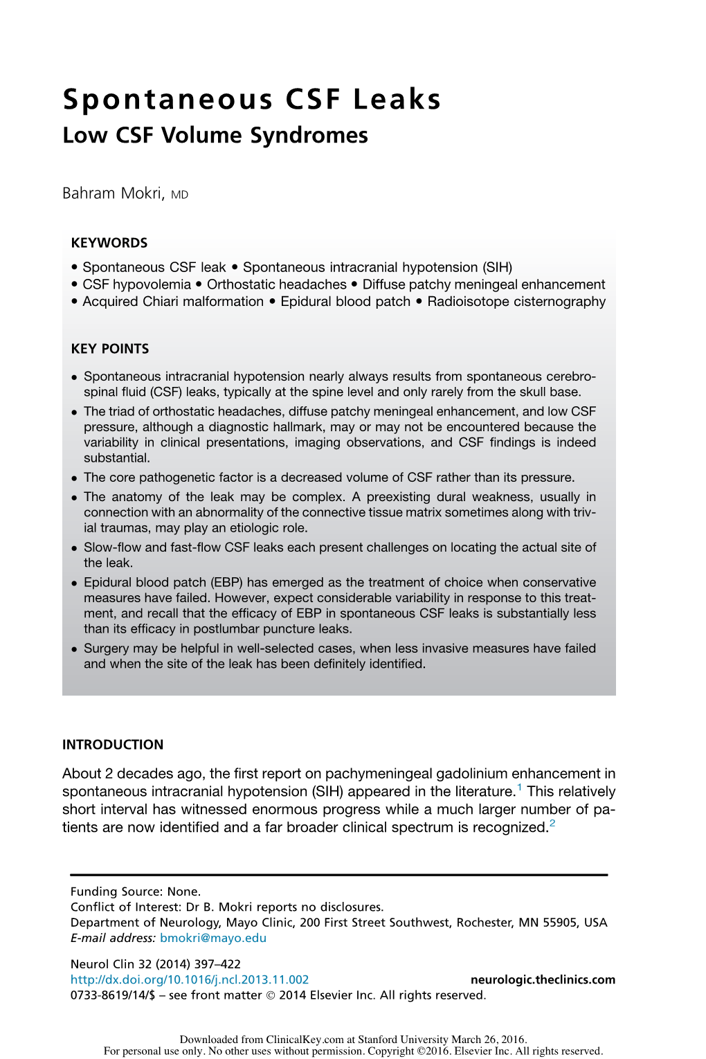 Spontaneous CSF Leaks Low CSF Volume Syndromes