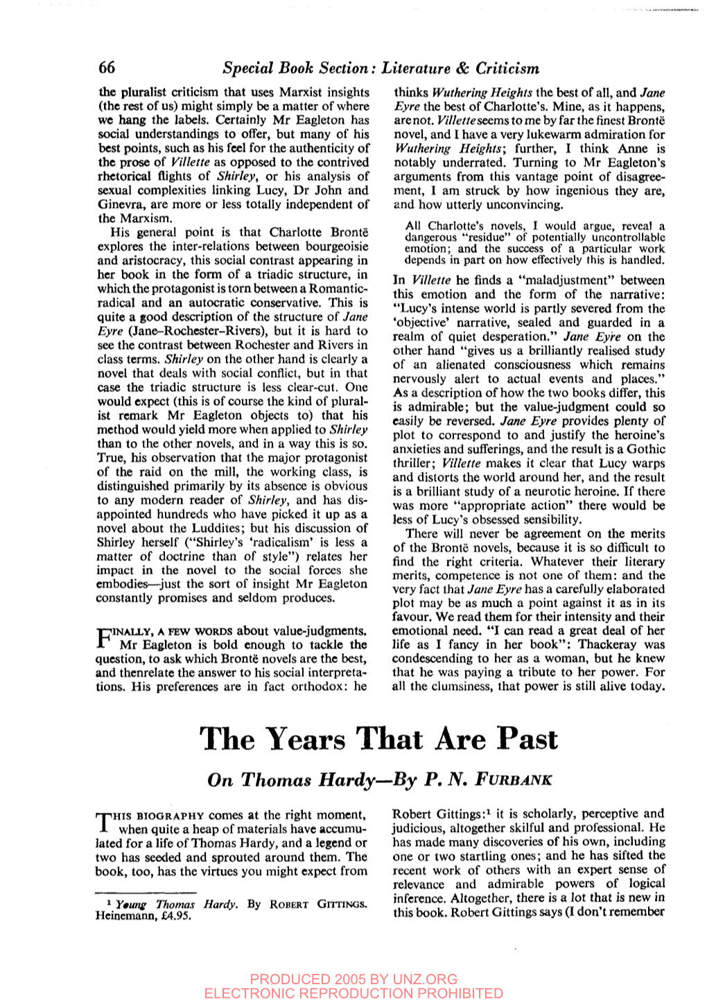 The Years That Are Past on Thomas Hardy—By PN FURBANK