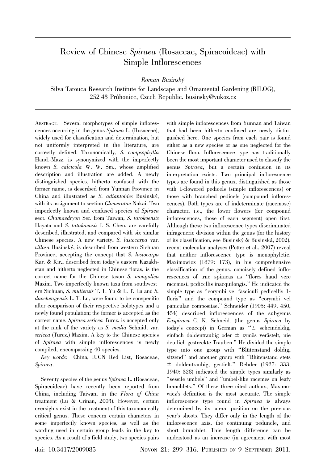 Review of Chinese Spiraea (Rosaceae, Spiraeoideae) with Simple Inflorescences