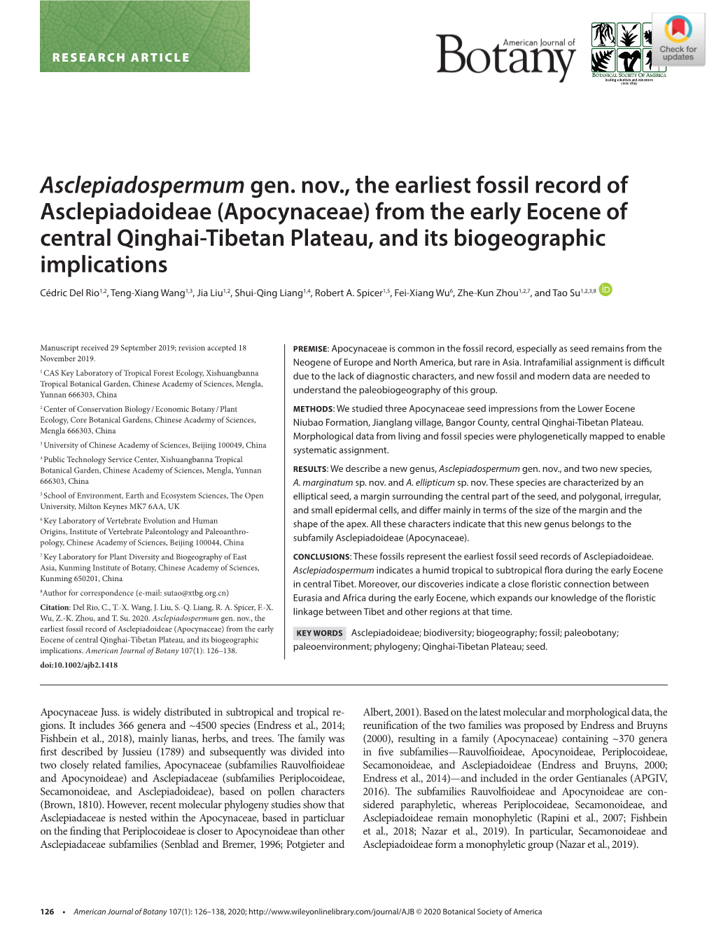 Asclepiadospermum Gen. Nov., the Earliest Fossil Record Of