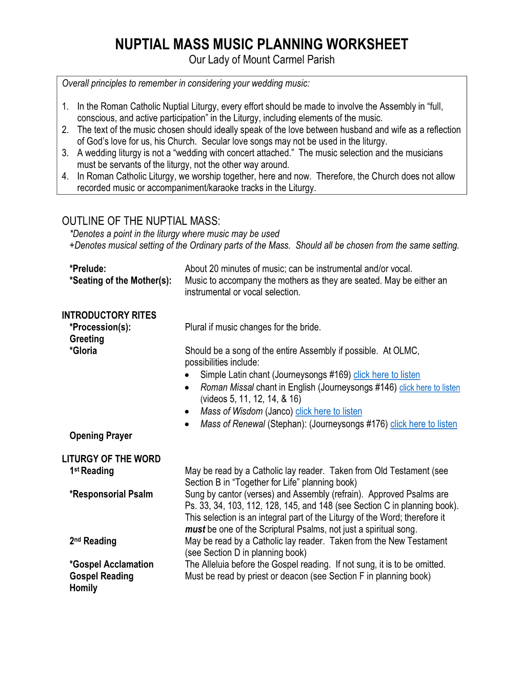 NUPTIAL MASS MUSIC PLANNING WORKSHEET Our Lady of Mount Carmel Parish