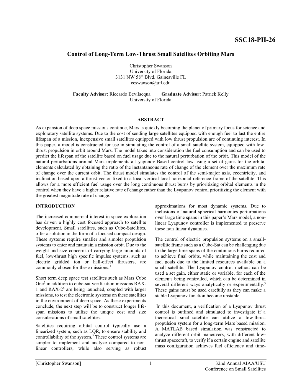 Control of Long-Term Low-Thrust Small Satellites Orbiting Mars