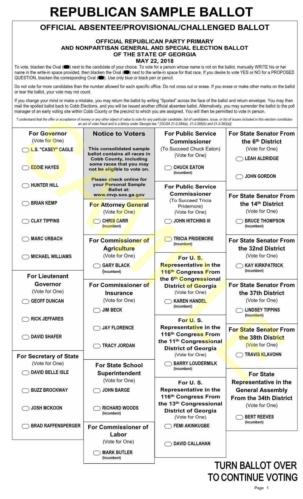 Republican Sample Ballot Official Absentee/Provisional/Challenged Ballot