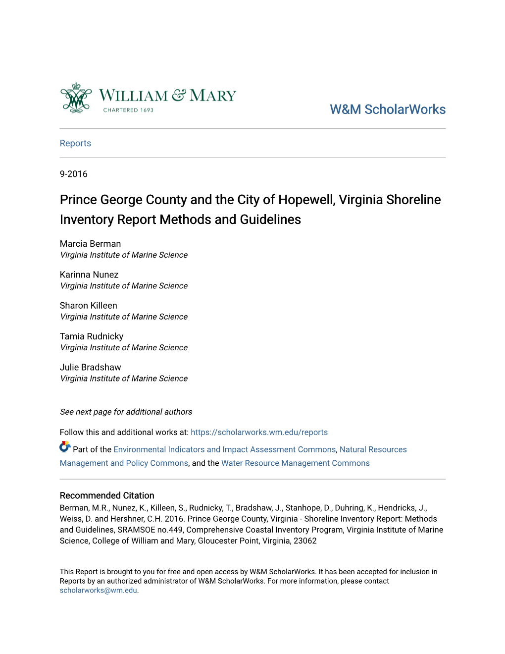 Prince George County and the City of Hopewell, Virginia Shoreline Inventory Report Methods and Guidelines