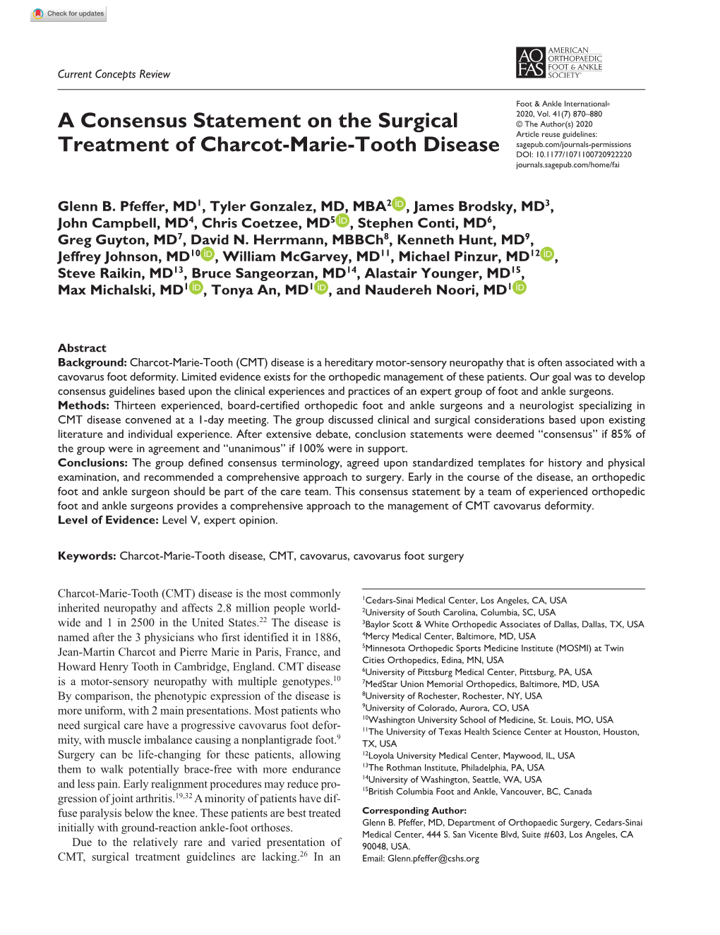 A Consensus Statement on the Surgical Treatment of Charcot