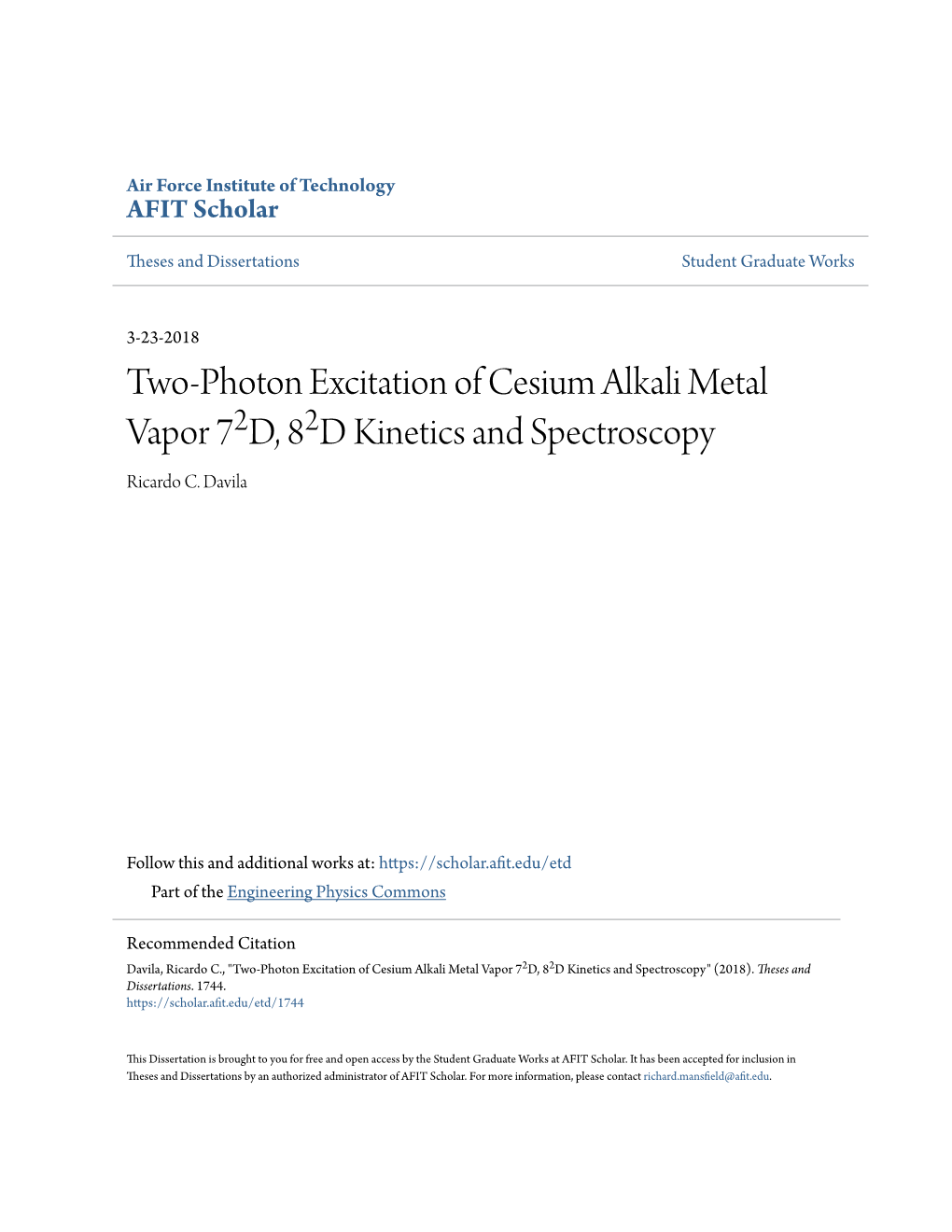 Two-Photon Excitation of Cesium Alkali Metal Vapor 7&lt;Sup&gt;