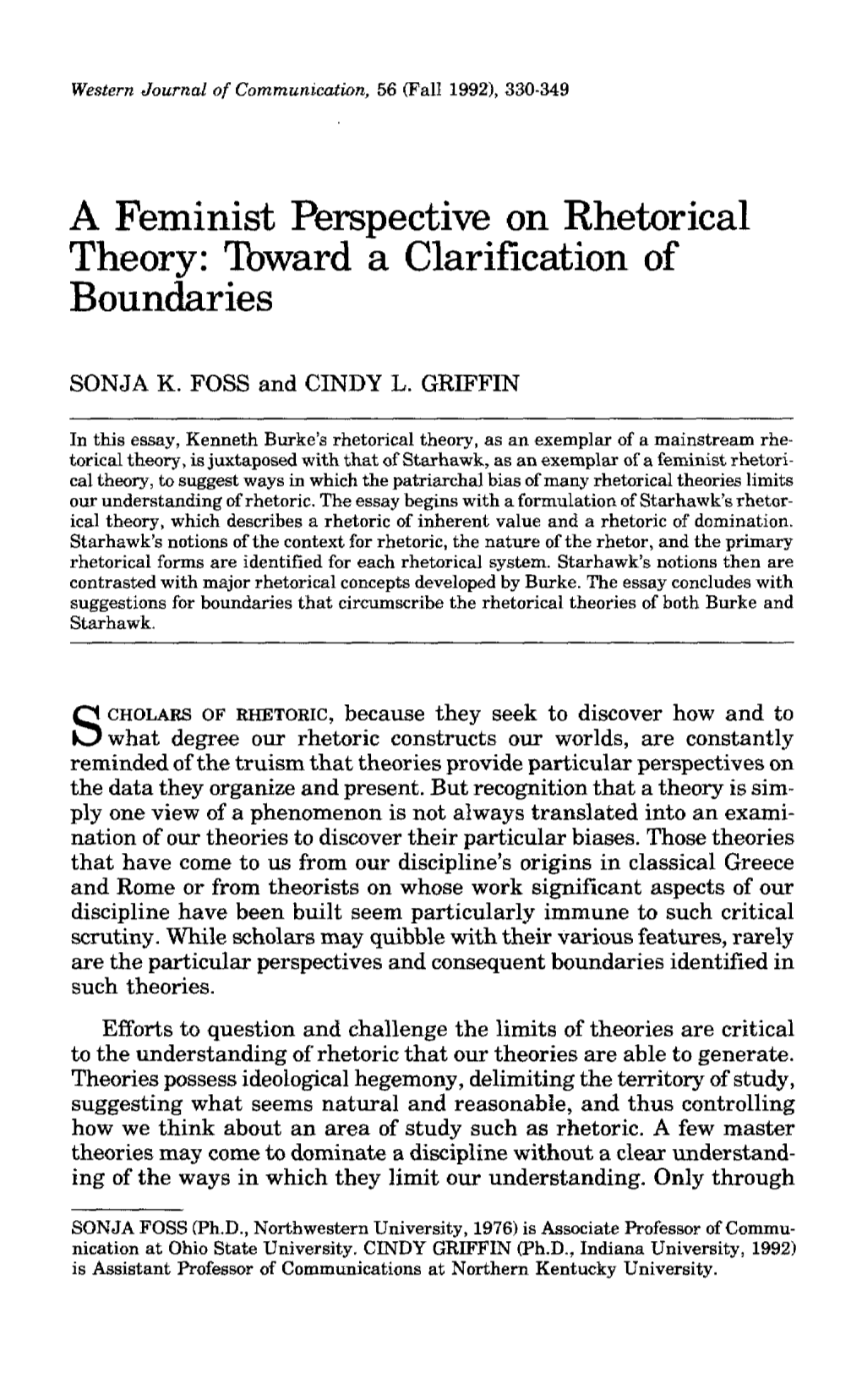 A Feminist Perspective on Rhetorical Theory: Tbward a Clarification of Boundaries