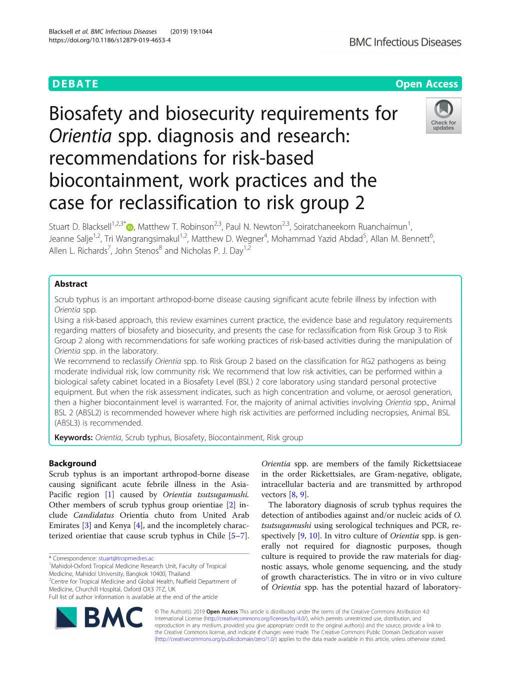 Biosafety and Biosecurity Requirements for Orientia Spp