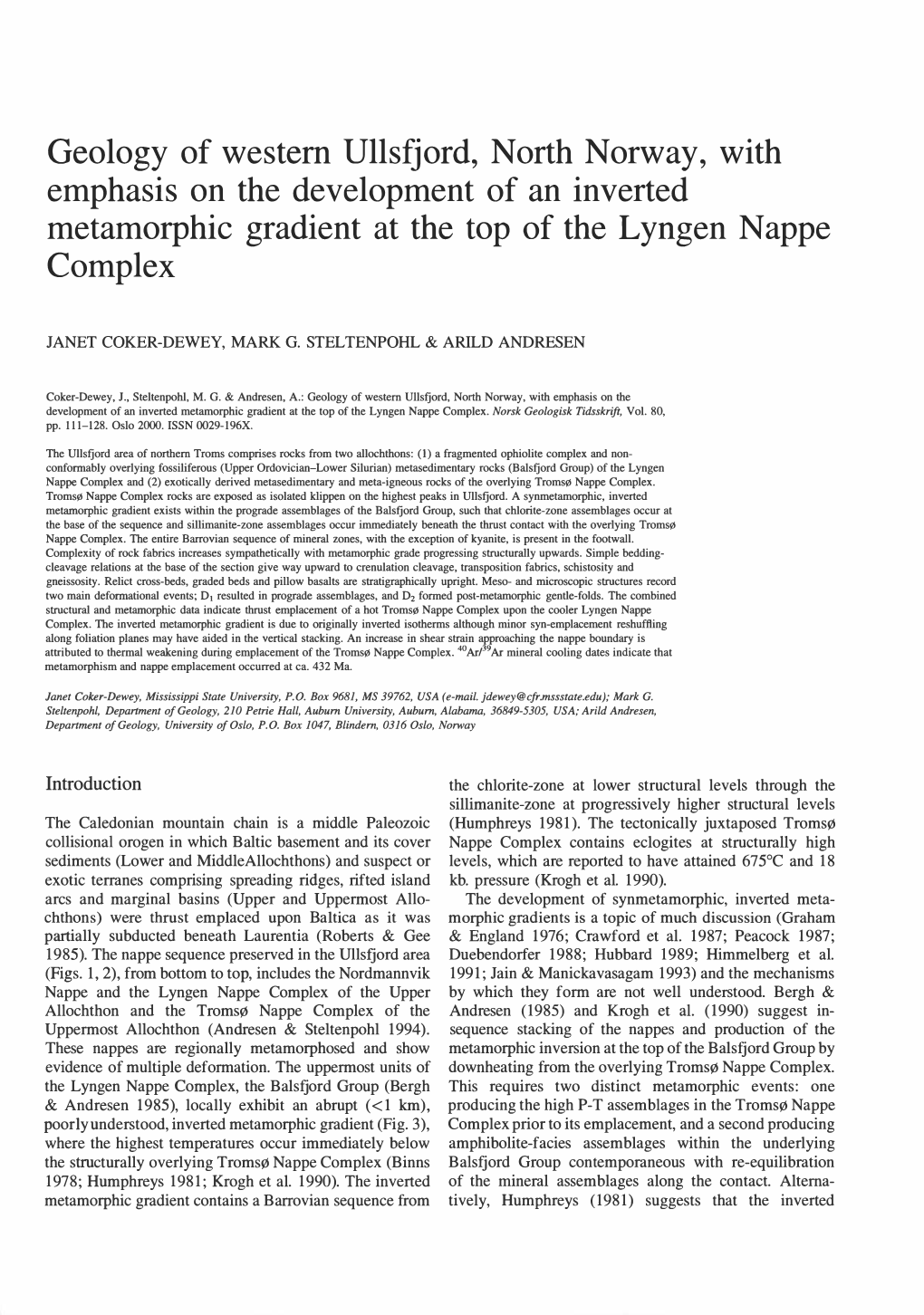 Geology of Western Ullsf Jord, North Norway, with Emphasis on The