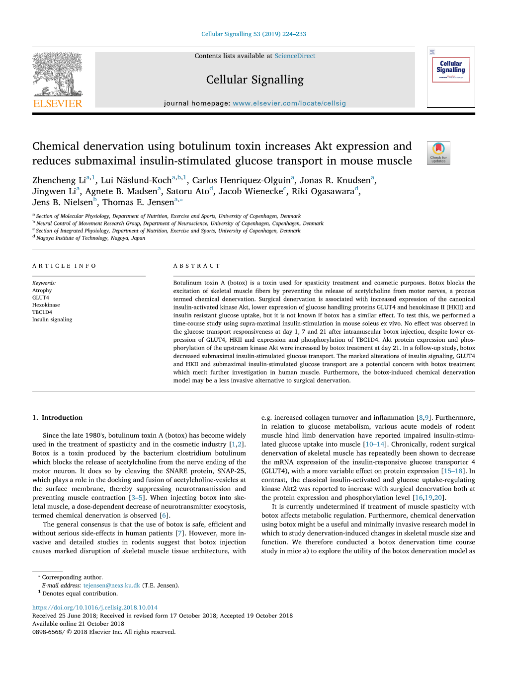 Chemical Denervation Using Botulinum Toxin Increases Akt Expression and Reduces Submaximal Insulin-Stimulated Glucose Transport in Mouse Muscle T