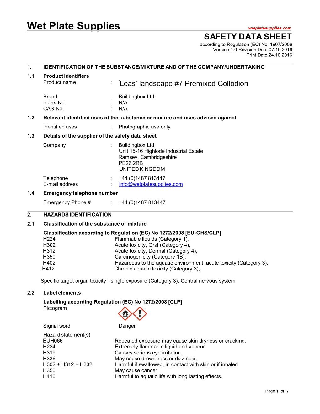 Safety Datasheet Complies with the Requirements of Regulation (EC) No