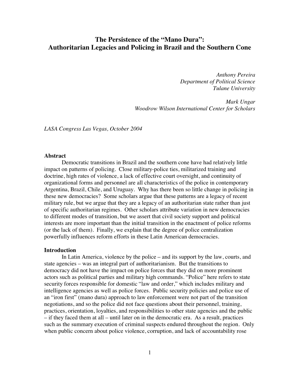 “Mano Dura”: Authoritarian Legacies and Policing in Brazil and the Southern Cone