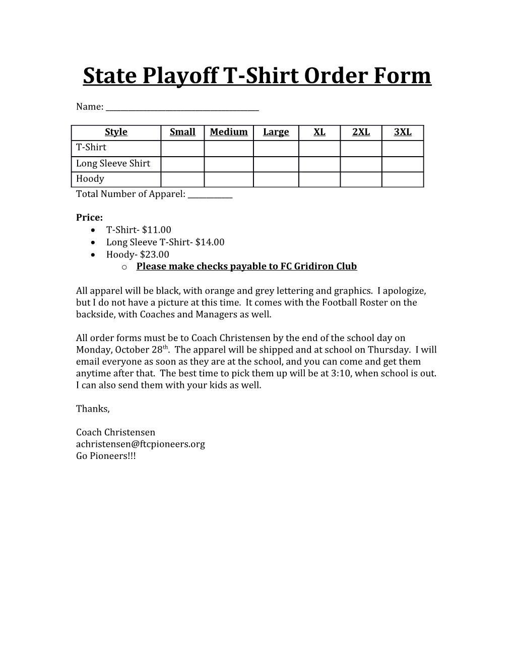 State Playoff T-Shirt Order Form