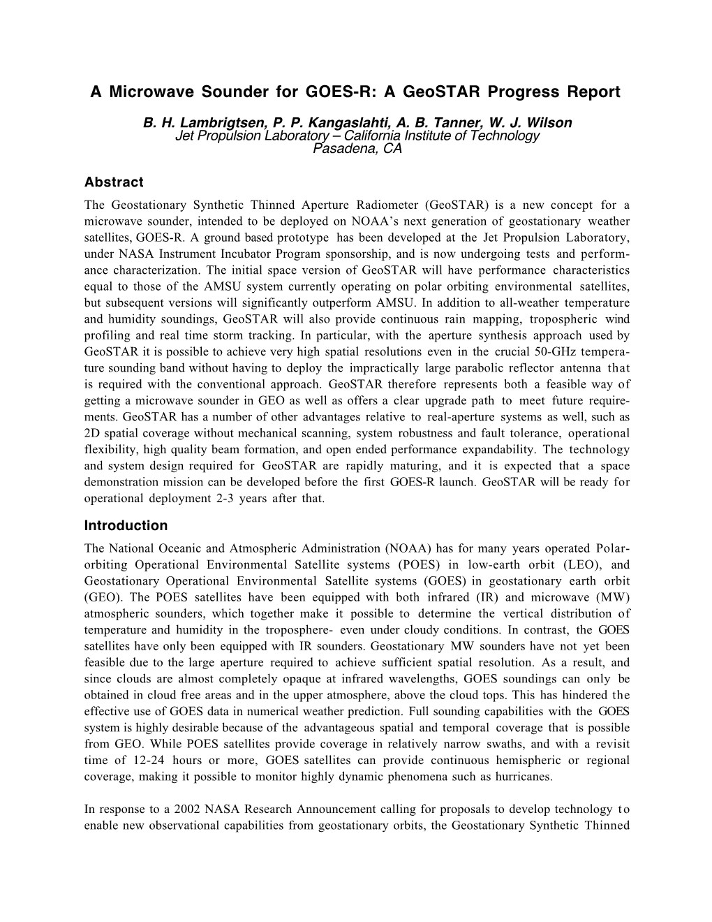 A Microwave Sounder for GOES-R: a Geostar Progress Report