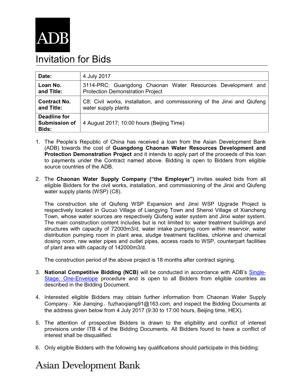 3114-PRC: Guangdong Chaonan Water Resources Development and and Title: Protection Demonstration Project Contract No