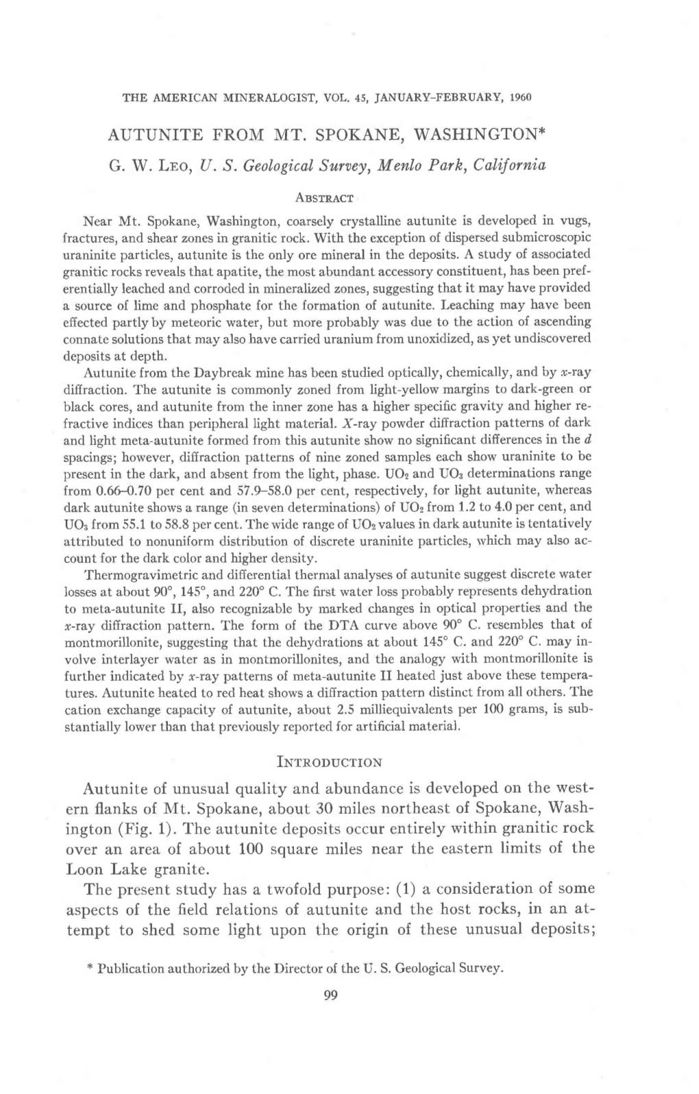 AUTUNITE from MT. SPOKANE, WASHINGTON* G. W. Lno, U. S. Geologicalsurvey, Menlo Park, California