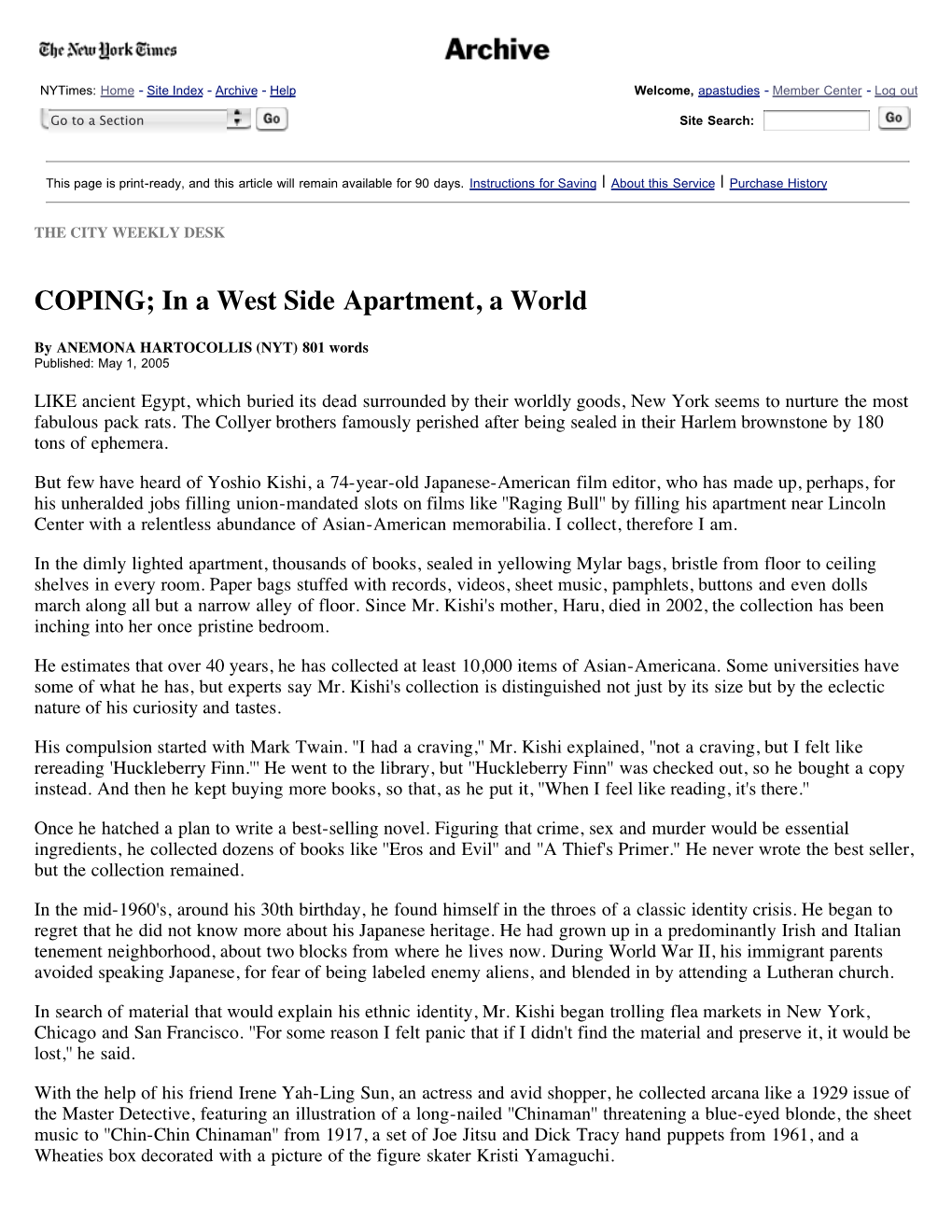 COPING; in a West Side Apartment, a World