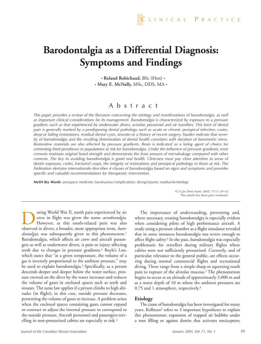 Barodontalgia As a Differential Diagnosis: Symptoms and Findings