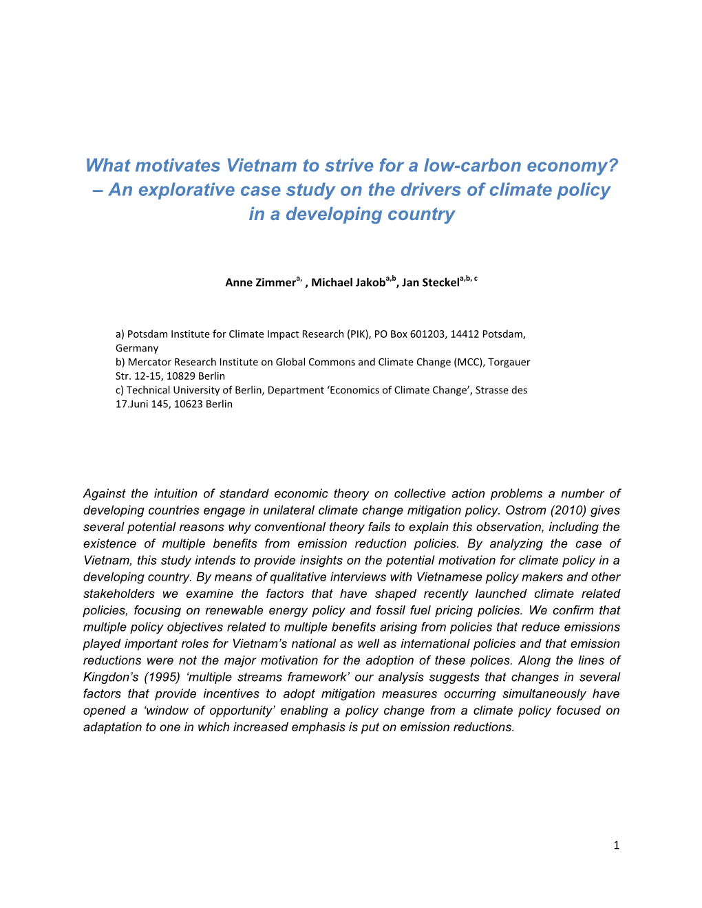 What Motivates Vietnam to Strive for a Low-Carbon Economy? – an Explorative Case Study on the Drivers of Climate Policy in a Developing Country