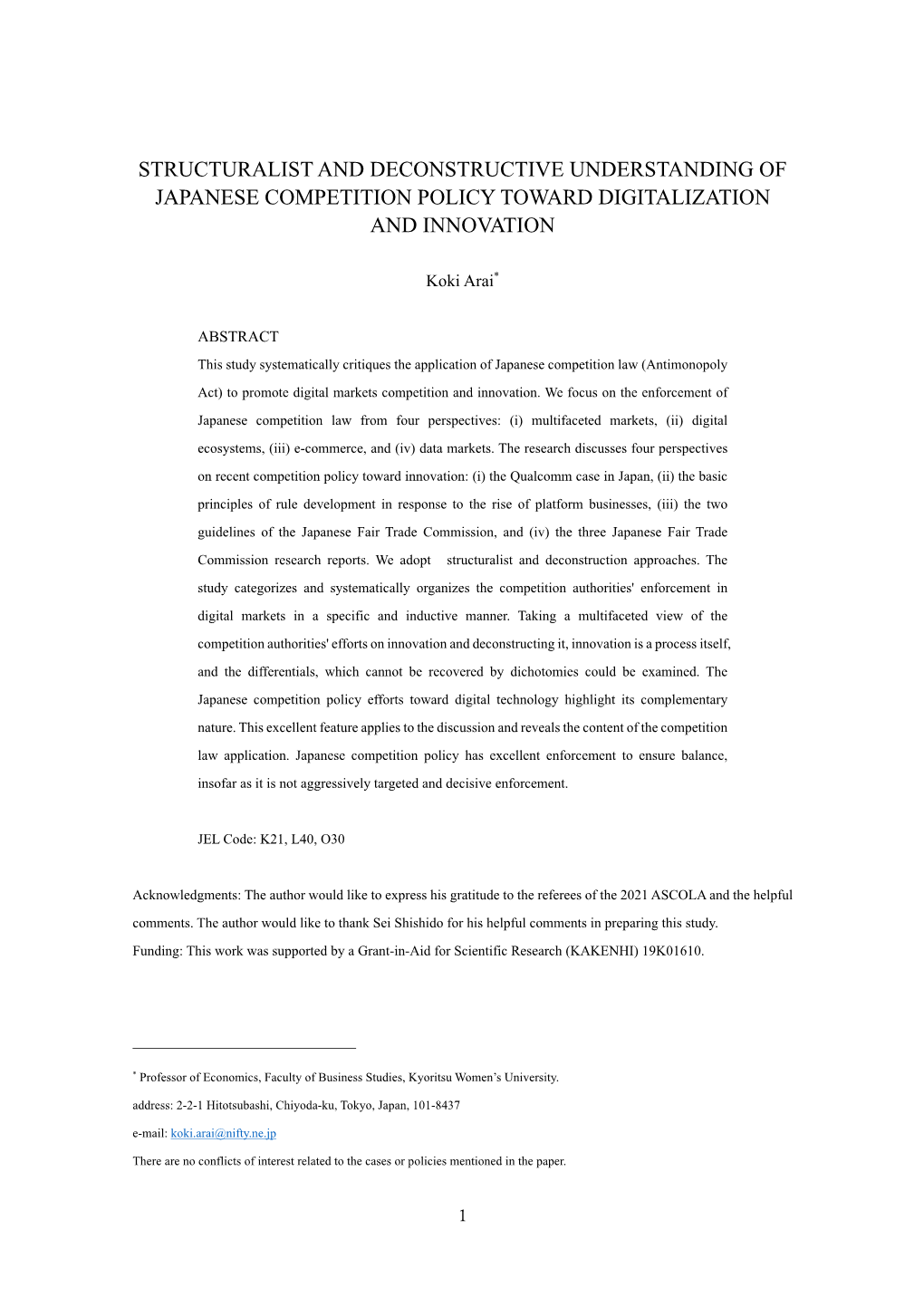 Structuralist and Deconstructive Understanding of Japanese Competition Policy Toward Digitalization and Innovation