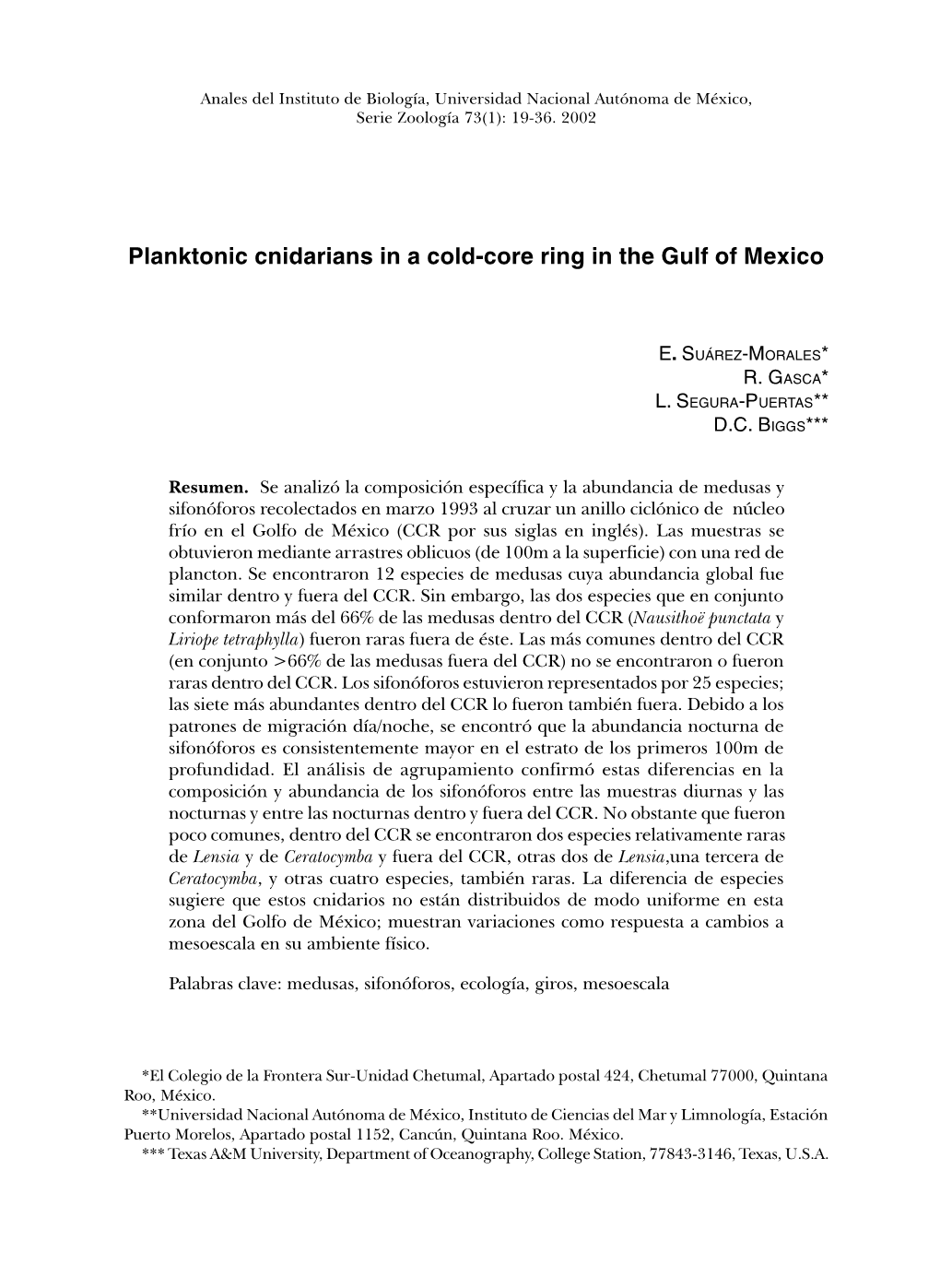 Planktonic Cnidarians in a Cold-Core Ring in the Gulf of Mexico