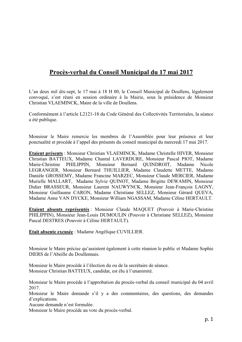 Procès-Verbal Du Conseil Municipal Du 17 Mai 2017