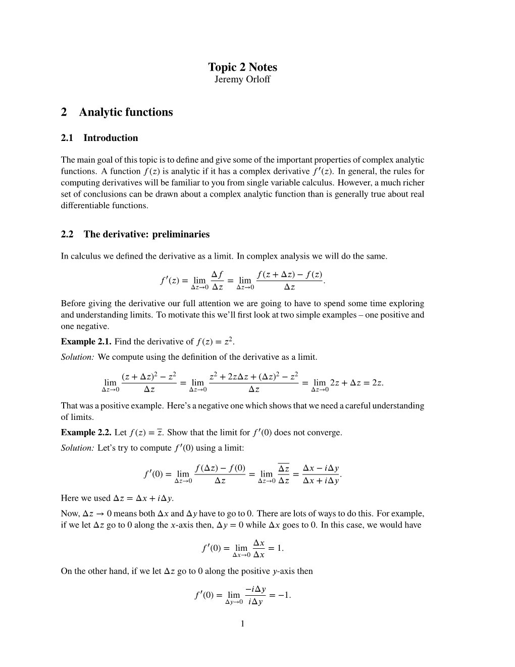 18.04 S18 Topic 2: Analytic Functions