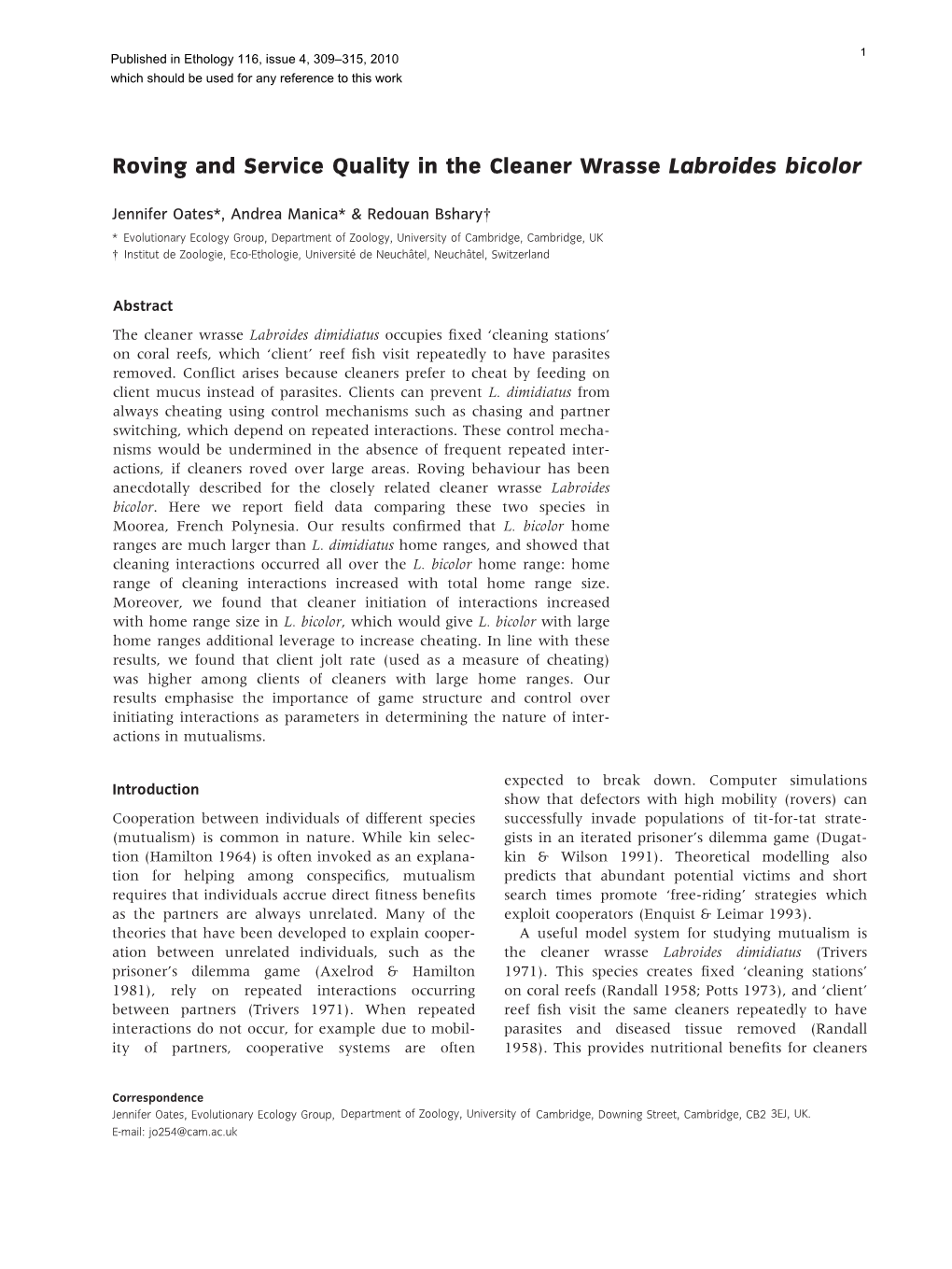 Roving and Service Quality in the Cleaner Wrasse Labroides Bicolor