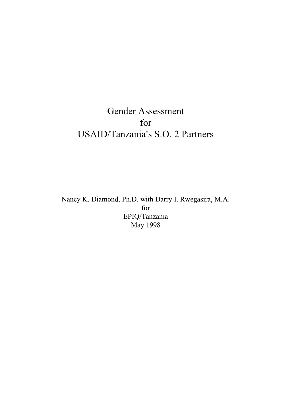 Gender Assessment for USAID/Tanzania=S SO 2 Partners