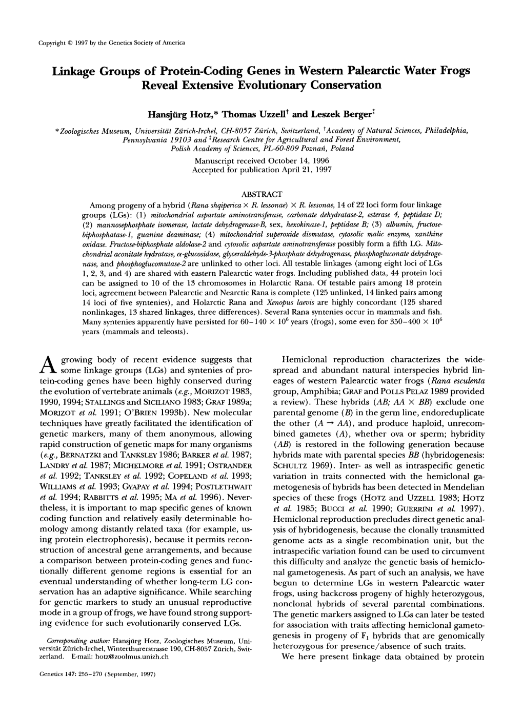 Linkage Groups of Protein-Coding Genes in Western Palearctic Water Frogs Reveal Extensive Evolutionary Conservation